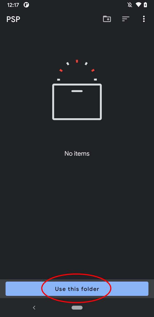 Android folder picker with the Use this folder button highlighted
